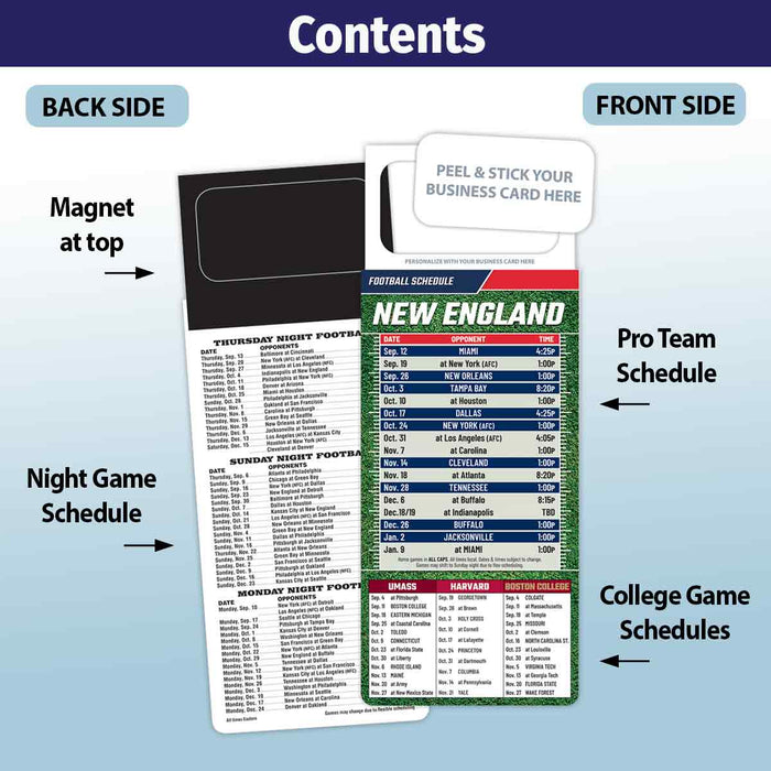 ZoCo - Pro Football Sports Schedule Magnets (NEW ENGLAND) - 100 Count - Your Business Card Sticks on Top