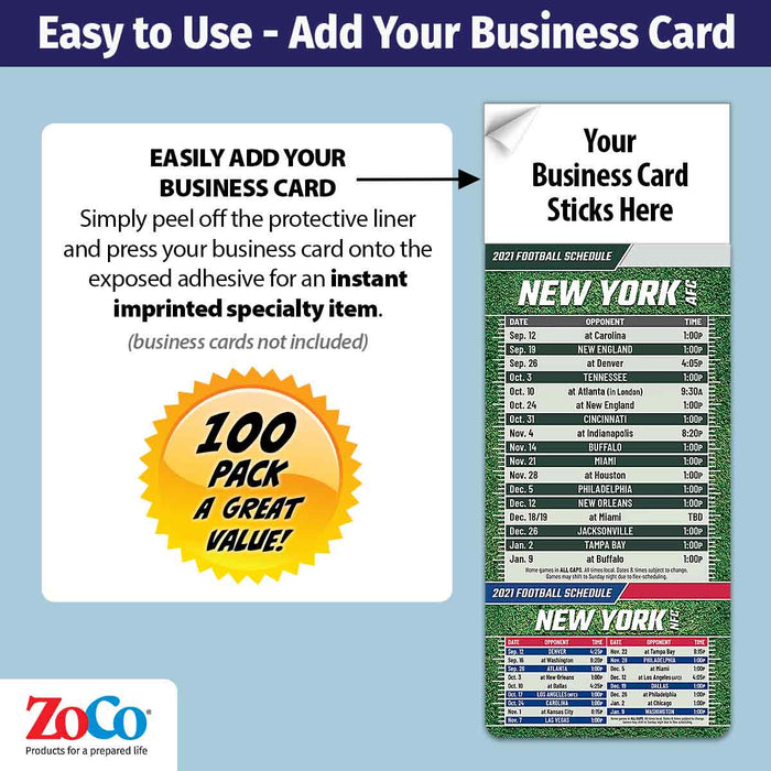 ZoCo - Pro Football Sports Schedule Magnets (NEW YORK - AFC) - 100 Count - Your Business Card Sticks on Top