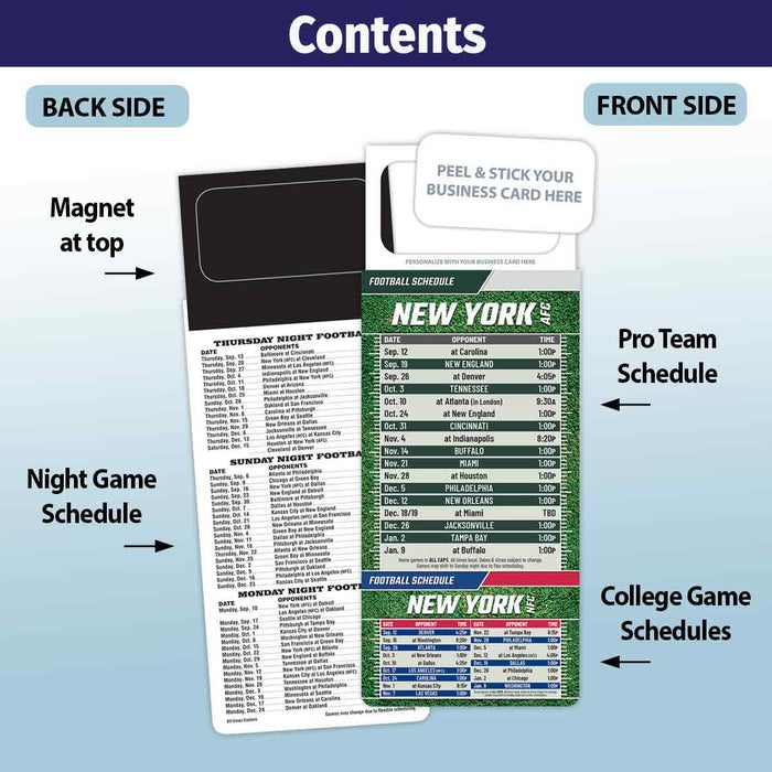 ZoCo - Pro Football Sports Schedule Magnets (NEW YORK - AFC) - 100 Count - Your Business Card Sticks on Top