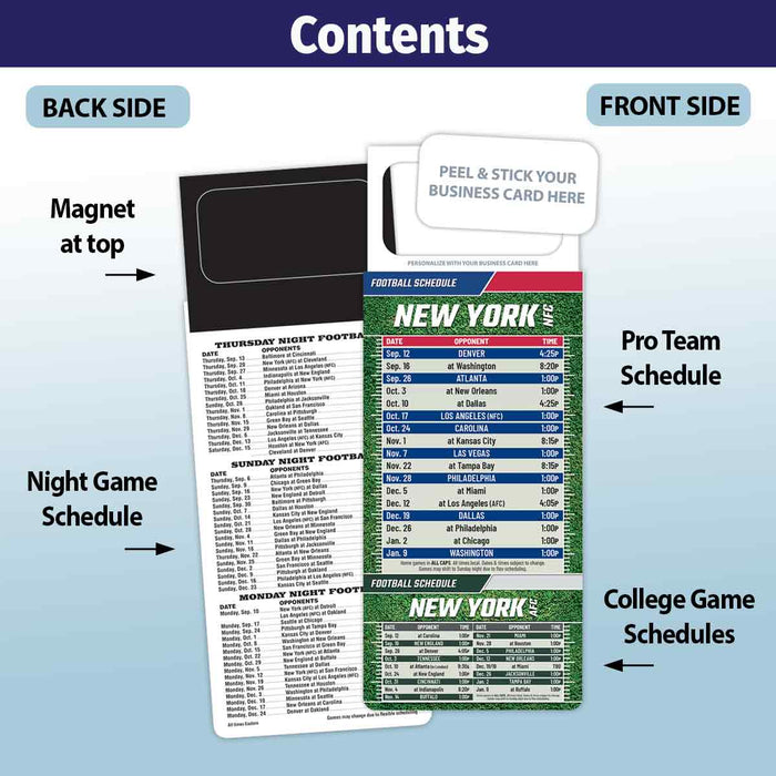 Pro Football Sports Schedule Magnets (NEW YORK- NFC) - 100 Count - Your Business Card Sticks on Top