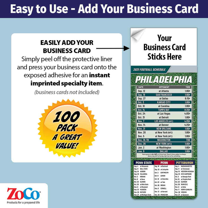 ZoCo - Pro Football Sports Schedule Magnets (PHILADELPHIA) - 100 Count - Your Business Card Sticks on Top