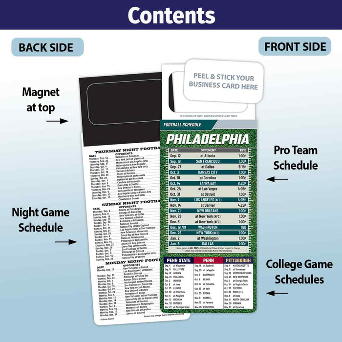 ZoCo - Pro Football Sports Schedule Magnets (PHILADELPHIA) - 100 Count - Your Business Card Sticks on Top