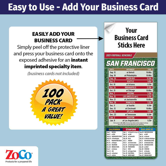 ZoCo - Pro Football Sports Schedule Magnets (SAN FRANCISCO) - 100 Count - Your Business Card Sticks on Top