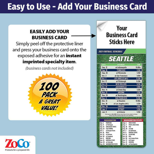 ZoCo - Pro Football Sports Schedule Magnets (SEATTLE) - 100 Count - Your Business Card Sticks on Top