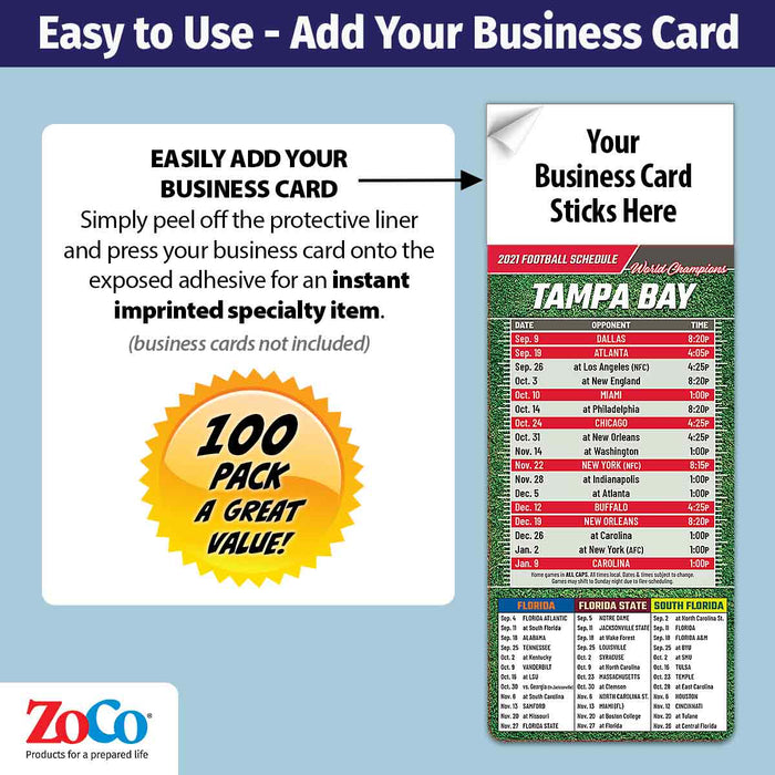 ZoCo - Pro Football Sports Schedule Magnets (TAMPA BAY) - 100 Count - Your Business Card Sticks on Top