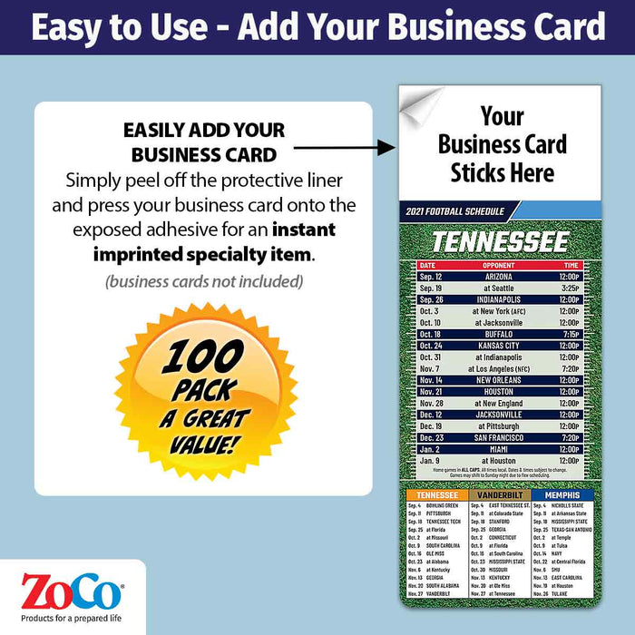 ZoCo - Pro Football Sports Schedule Magnets (TENNESSEE) - 100 Count - Your Business Card Sticks on Top