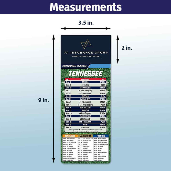 ZoCo - Pro Football Sports Schedule Magnets (TENNESSEE) - 100 Count - Your Business Card Sticks on Top