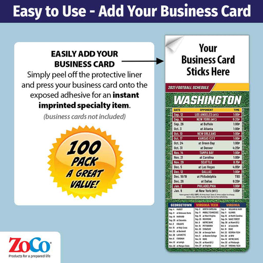 ZoCo - Pro Football Sports Schedule Magnets (WASHINGTON) - 100 Count - Your Business Card Sticks on Top