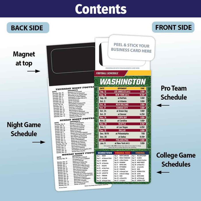 ZoCo - Pro Football Sports Schedule Magnets (WASHINGTON) - 100 Count - Your Business Card Sticks on Top