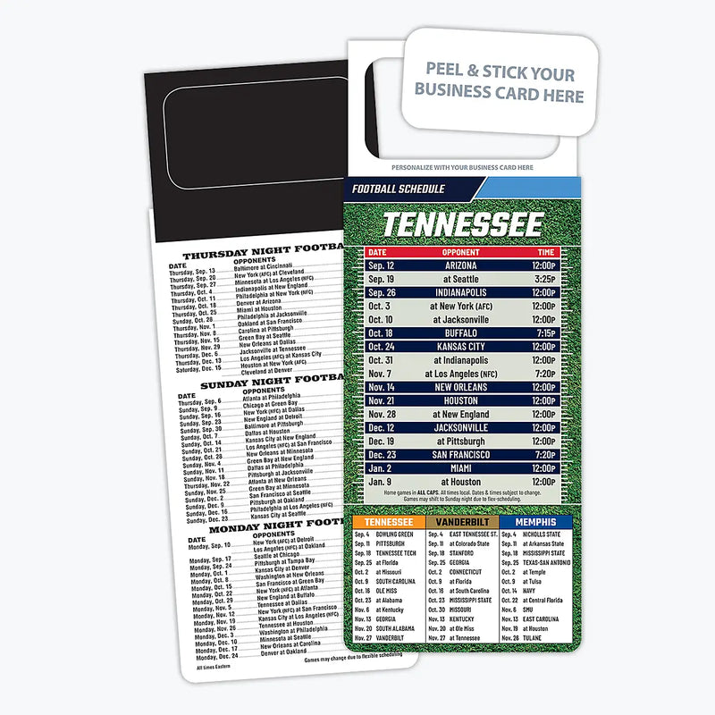 ZoCo - Pro Football Sports Schedule Magnets (TENNESSEE) - 100 Count - Your Business Card Sticks on Top