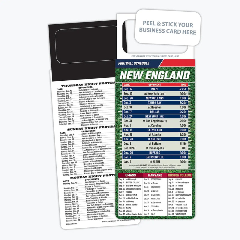 ZoCo - Pro Football Sports Schedule Magnets (NEW ENGLAND) - 100 Count - Your Business Card Sticks on Top