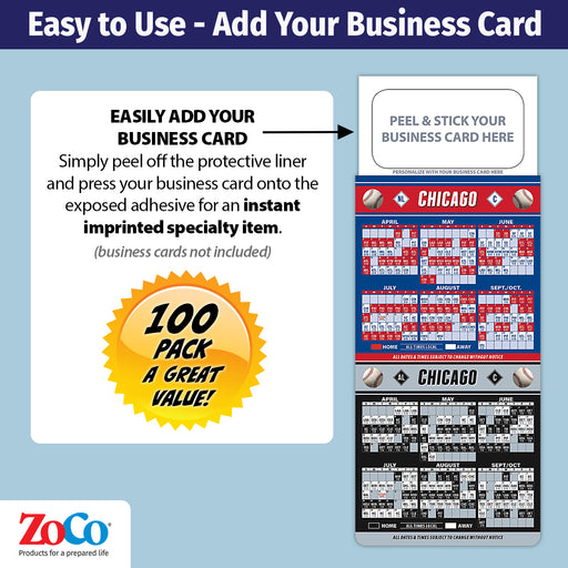 Pro Baseball Sports Schedule Magnets - CHICAGO ALC & NLC - 100 Count - Your Business Card Sticks on Top - ZoCo Products