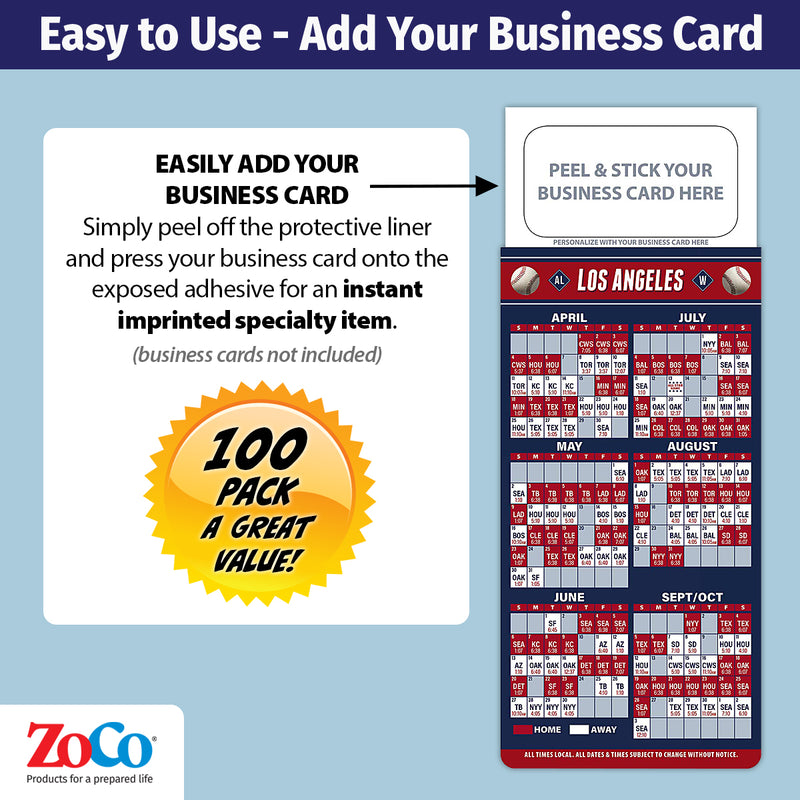 Pro Baseball Sports Schedule Magnets - LAS ANGELES ANGELS - 100 Count - Your Business Card Sticks on Top - ZoCo Products