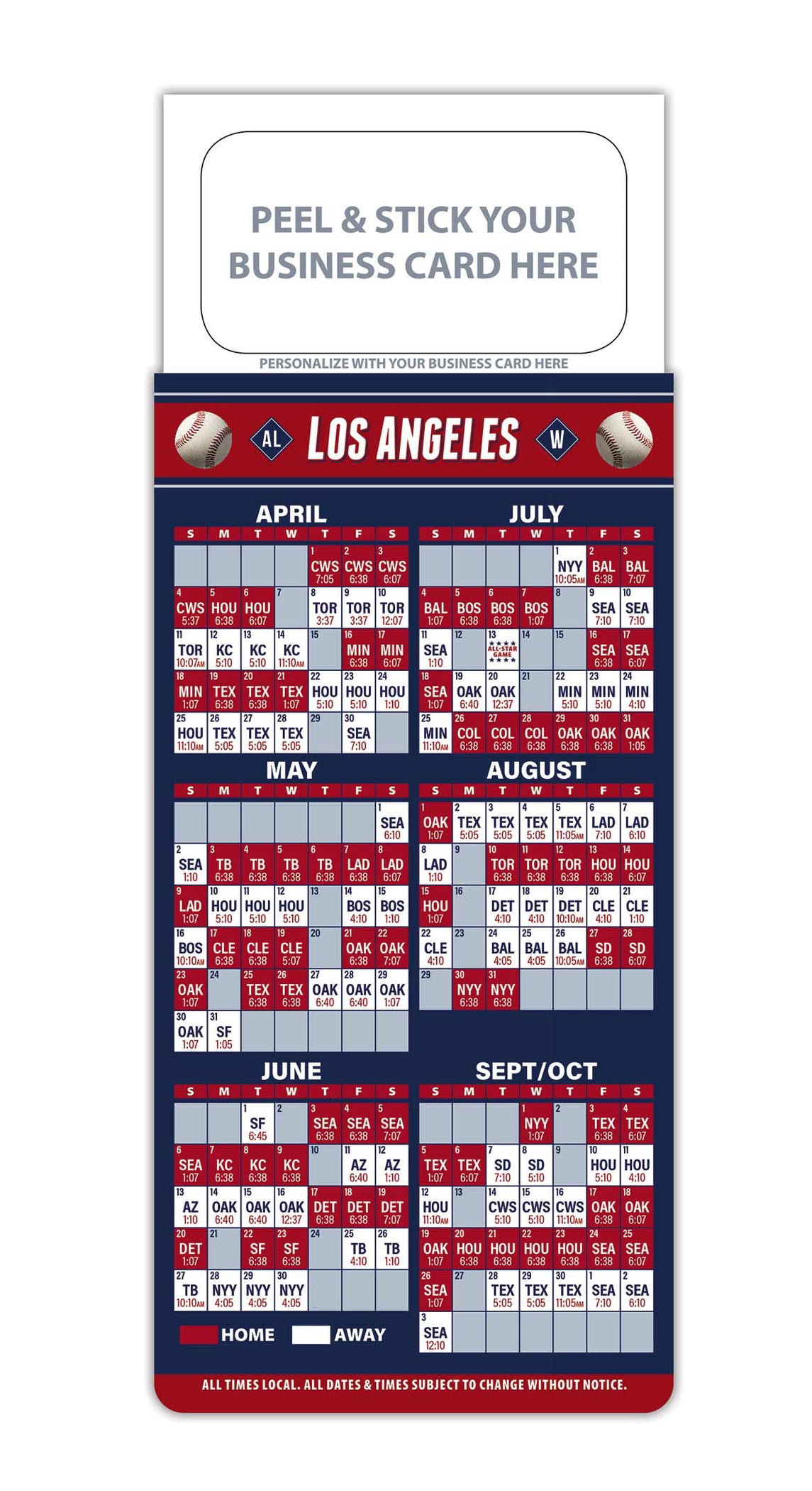 Pro Baseball Schedule Magnets - Los Angeles Al - Add Your Business Card 