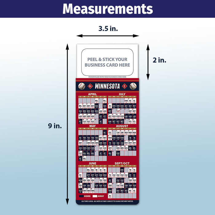 Pro Baseball Sports Schedule Magnets - MINNESOTA - 100 Count - Your Business Card Sticks on Top - ZoCo Products