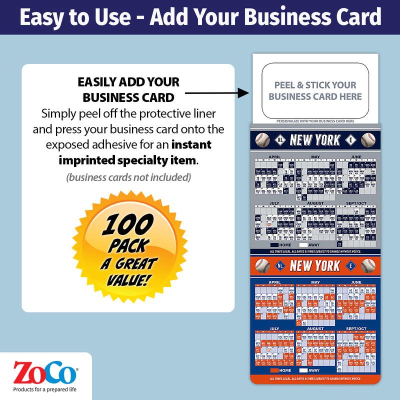 Pro Baseball Sports Schedule Magnets - NEW YORK YANKESS METS - 100 Count - Your Business Card Sticks on Top - ZoCo Products