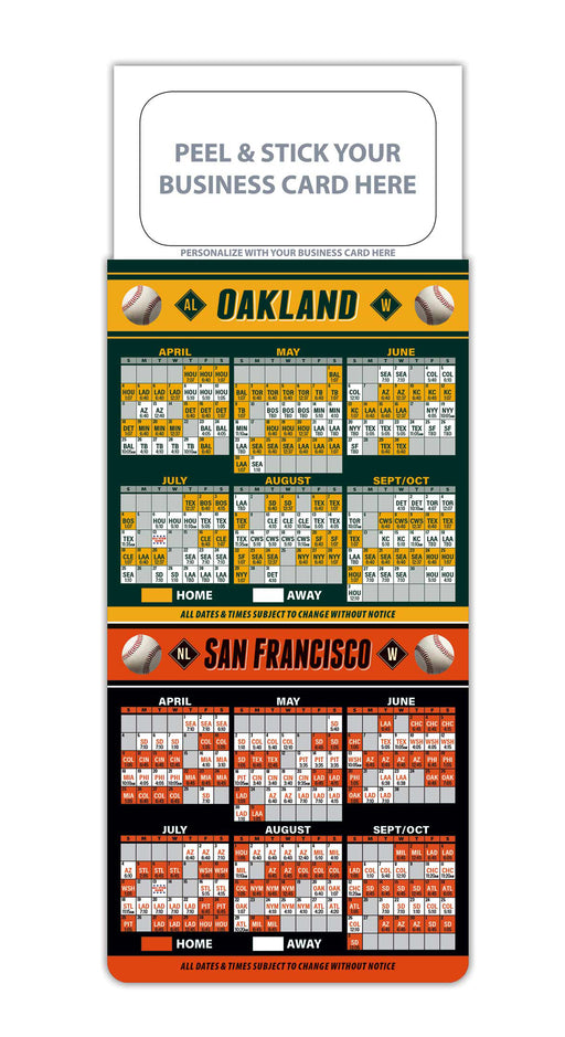 Pro Baseball Sports Schedule Magnets - OAKLAND SAN FRANCISCO - 100 Count - Your Business Card Sticks on Top - ZoCo Products