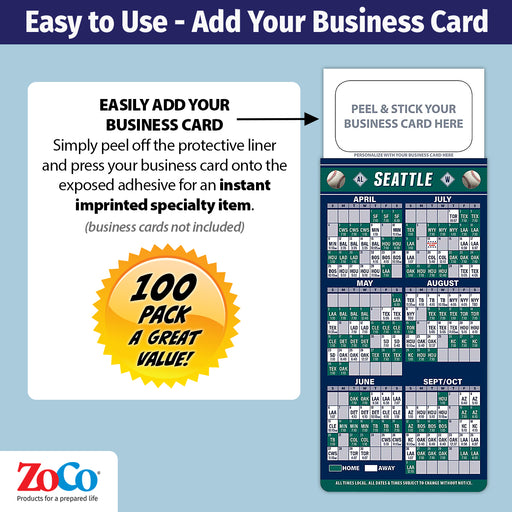 Pro Baseball Sports Schedule Magnets - SEATTLE - 100 Count - Your Business Card Sticks on Top - ZoCo Products