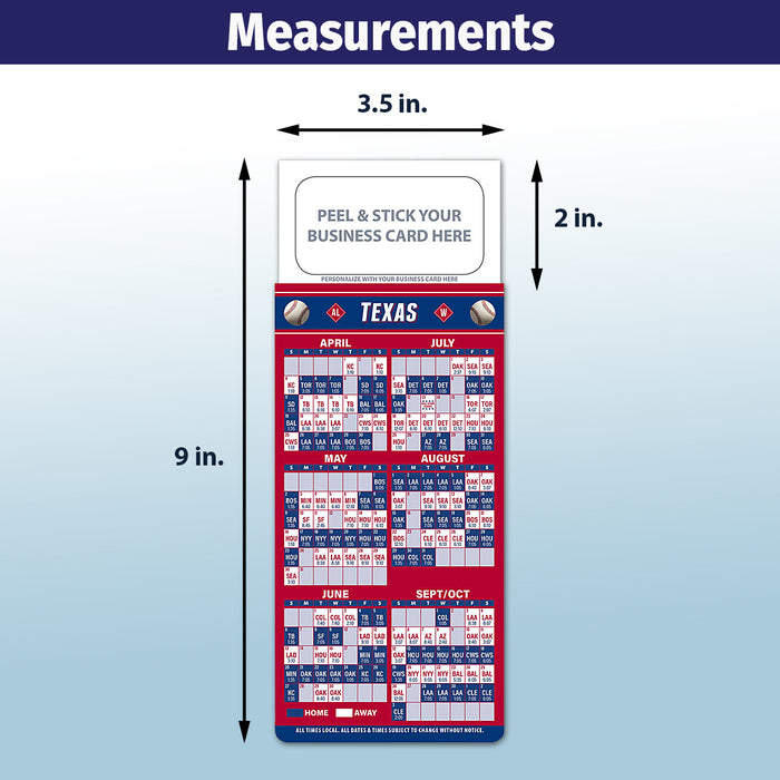 Pro Baseball Sports Schedule Magnets - TEXAS - 100 Count - Your Business Card Sticks on Top - ZoCo Products