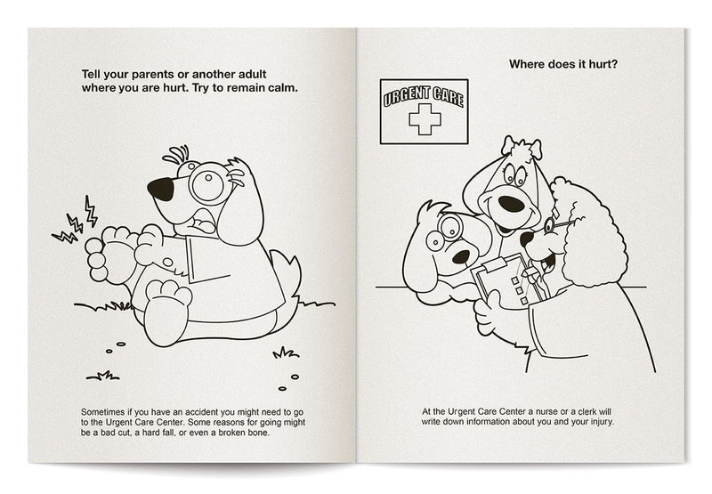Kids urgent care coloring book inside pages about doctors, nurses, and medical visits