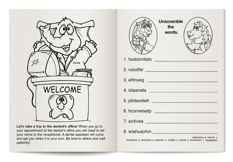 Kids dentist coloring book inside pages about dental checkups and healthy teeth