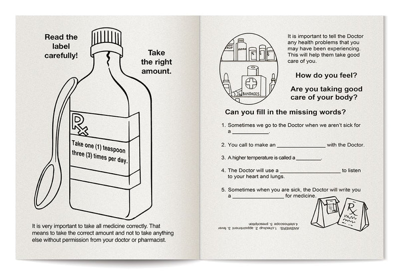 Pharmacy visit coloring book inside activity pages for children