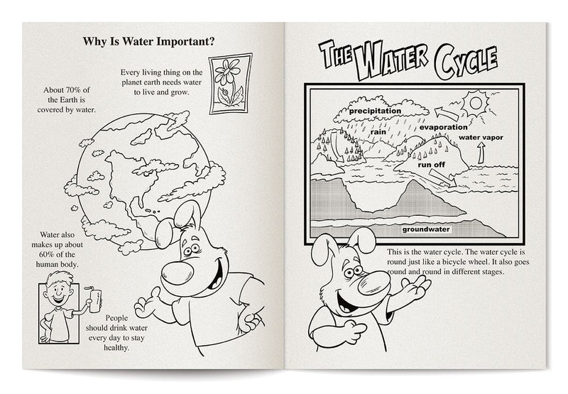 Inside pages of Learn About Water Conservation kids coloring and activity book