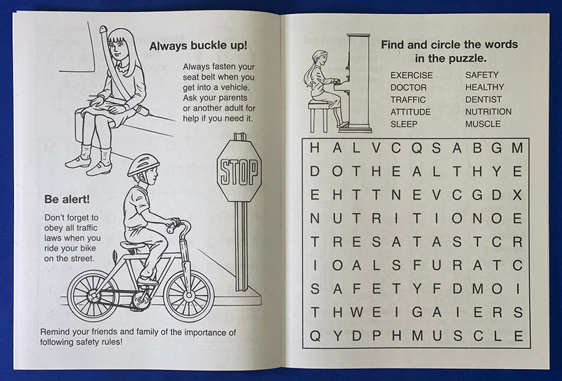 Kids health and safety activity pages with educational coloring exercises