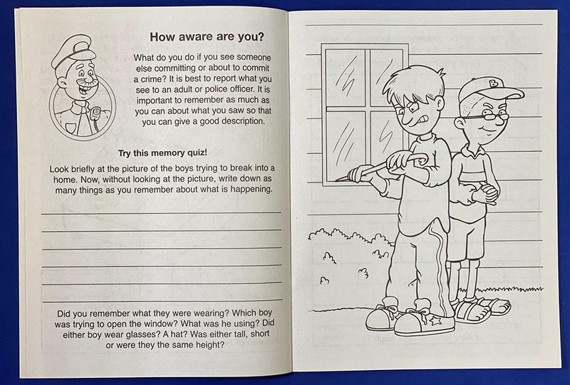 Inside pages of Crime Prevention kids coloring and activity book
