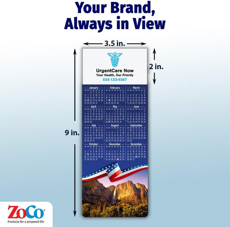 2026 Patriotic Yosemite Mountains Calendar Magnet - 300 Count - Your Business Card Sticks on Top
