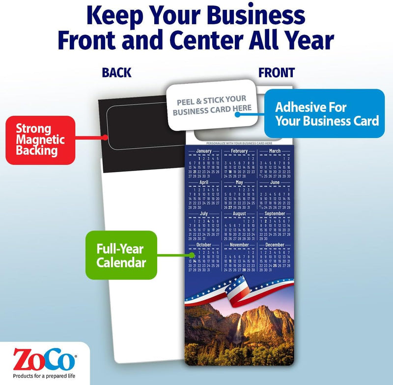 2026 Patriotic Yosemite Mountains Calendar Magnet - 300 Count - Your Business Card Sticks on Top