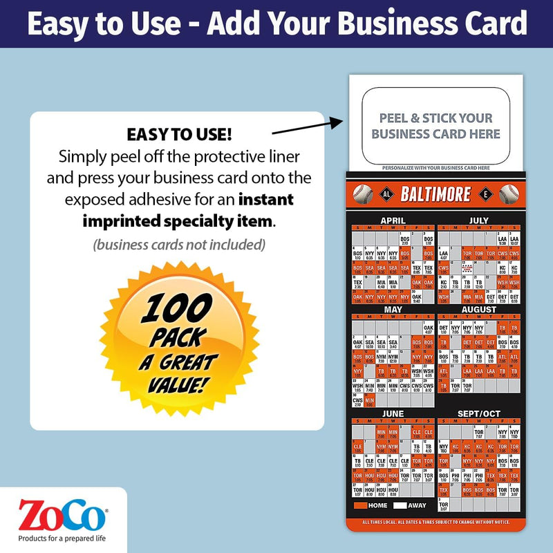 2026 Pro Baseball Sports Schedule Magnets (BALTIMORE) - 100 Count - Your Business Card Sticks on Top
