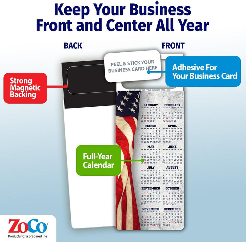 2026 American Flag Calendar Magnet - 300 Count - Your Business Card Sticks on Top
