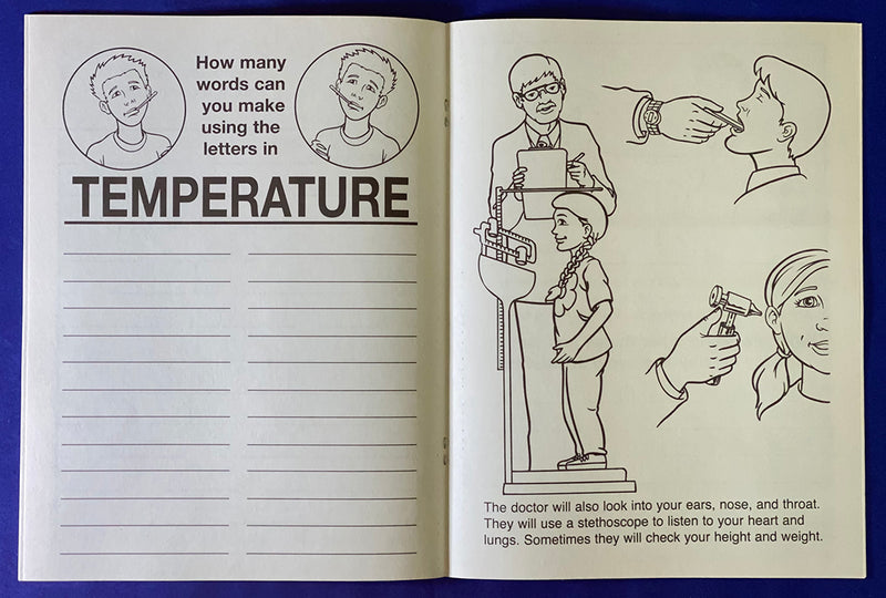 Kids doctor visit coloring book inside pages about checkups and staying healthy