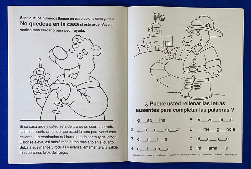 Spanish Practice Fire Safety coloring and activity book for children