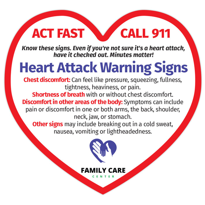 Warning Signs of a Heart Attack Magnet - 4x3.75 Heart Shape (Minimum Qty 100)