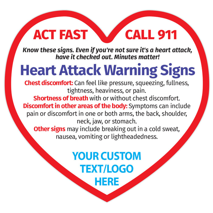 Warning Signs of a Heart Attack Magnet - 4x3.75 Heart Shape (Minimum Qty 100)