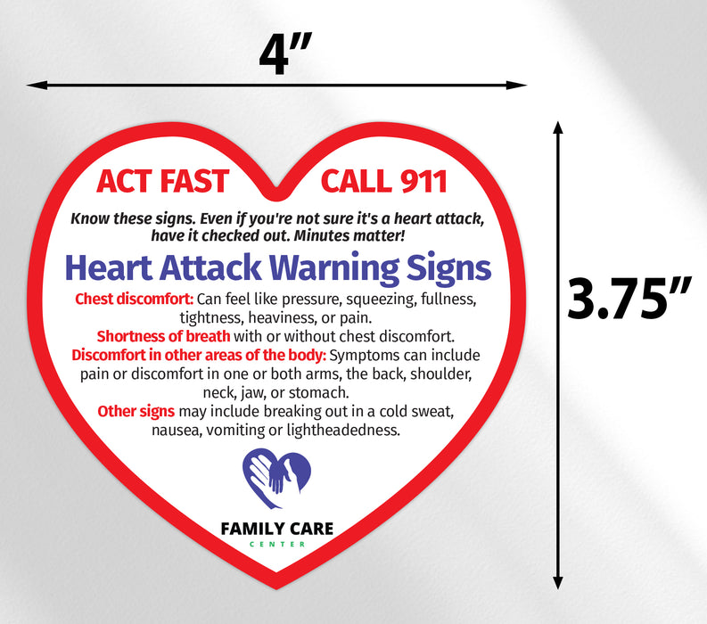 Warning Signs of a Heart Attack Magnet - 4x3.75 Heart Shape (Minimum Qty 100)