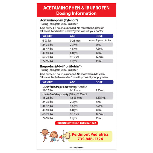 Acetaminophen and Ibuprofen Dosing Chart Magnet - 3.25"x6" - (Min Qty 100)