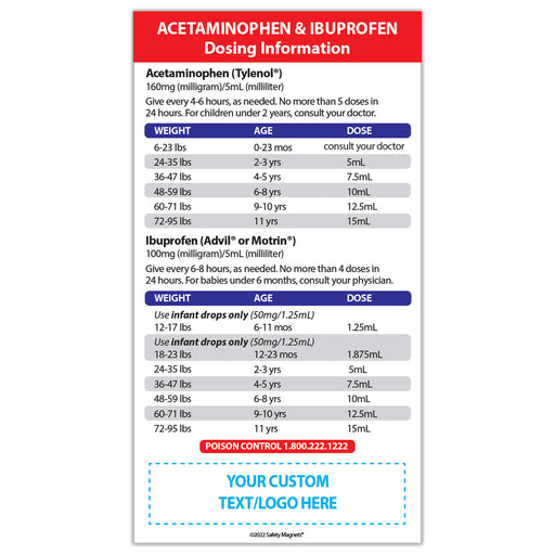 Acetaminophen and Ibuprofen Dosing Chart Magnet - 3.25"x6" - (Min Qty 100)