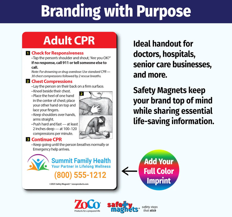 Promotional graphic for Adult CPR card with branding information and contact details.