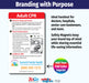 Promotional graphic for Adult CPR card with branding information and contact details.