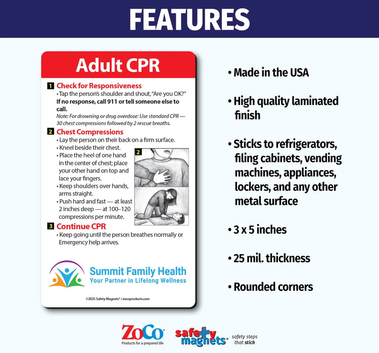 Adult CPR card with instructions and product features on a white background
