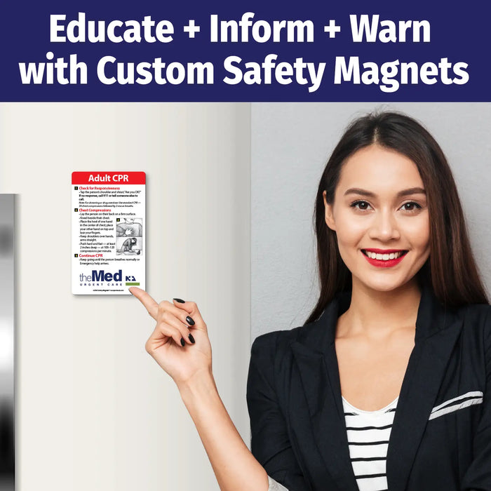 Woman pointing to a safety magnet on a door with text 'Educate + Inform + Warn with Custom Safety Magnets'.