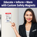 Woman pointing to a safety magnet on a door with text 'Educate + Inform + Warn with Custom Safety Magnets'.