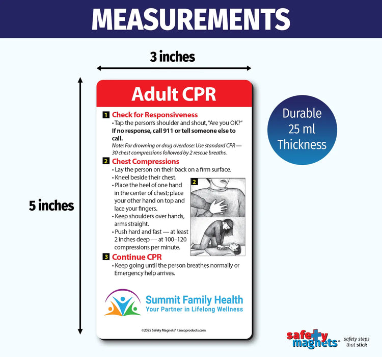 CPR measurement chart with dimensions and safety information on a white background