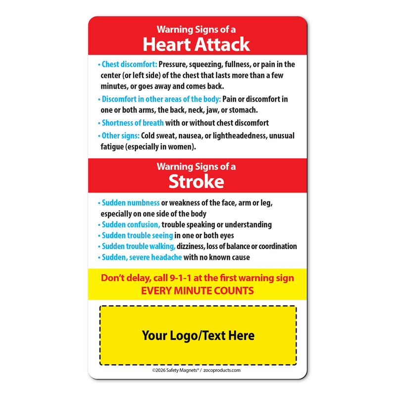 Heart Attack & Stroke Warning Signs – Custom Safety Magnets® – 3 x 5 – Minimum 100