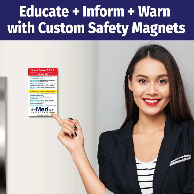 Stroke awareness magnet showing F.A.S.T. signs: Face drooping, Arm weakness, Speech difficulty, and Time to call 911. Highlights additional stroke symptoms and emphasizes urgency. Includes customizable logo/text area at the bottom.