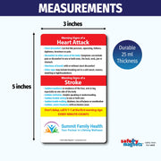 Magnet listing warning signs of a heart attack such as chest discomfort, shortness of breath, and nausea, plus stroke warning signs like sudden numbness, confusion, or vision trouble. Encourages calling 911 immediately. Customizable logo/text area at the bottom.