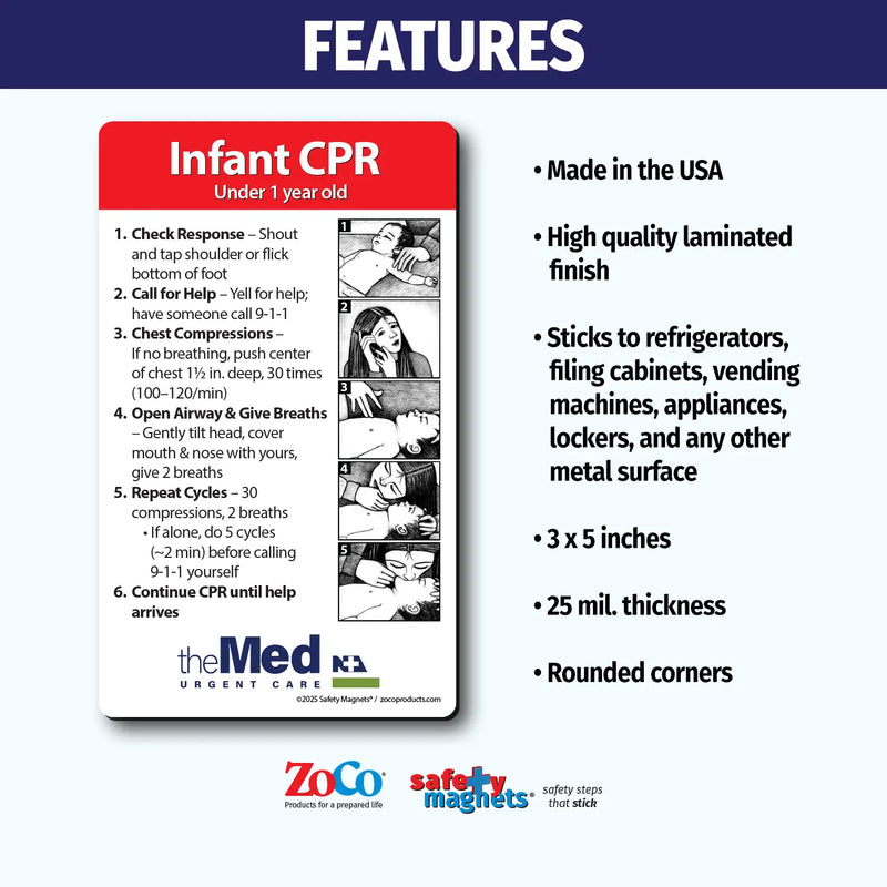 Infant CPR instructional magnet for children under 1 year old. Steps include checking response, calling for help, chest compressions, opening airway, giving breaths, repeating cycles, and continuing until help arrives. Illustrated with images and customizable logo/text area at the bottom